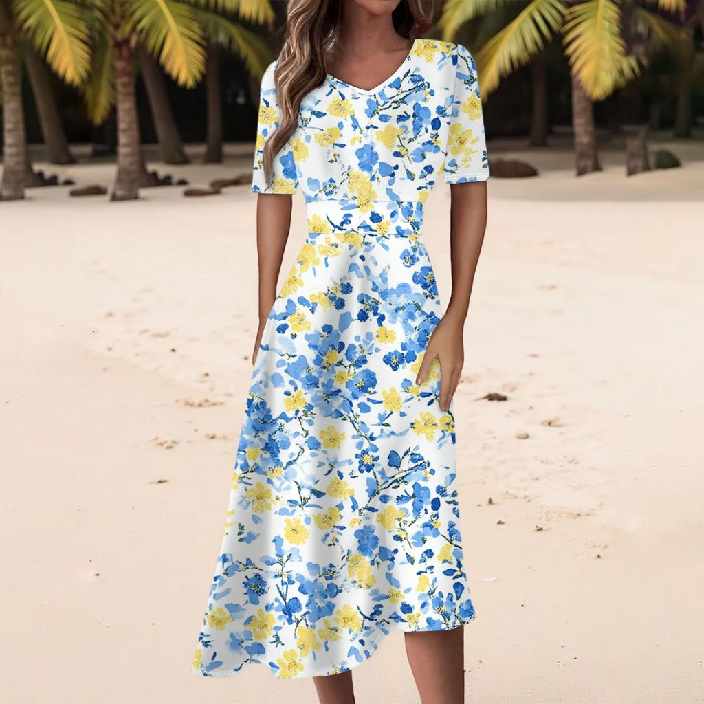 Damen Freizeitmode Kleid mit Blumendruck, V-Ausschnitt, kurzen Ärmeln und taillenlang