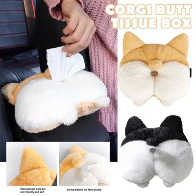 Caixa de lenços em formato de rabo de corgi, adorável, pelúcia de papel, organizador divertido para carro, criativo, fofo, caixa de gaveta para casa, ornamentos decorativos