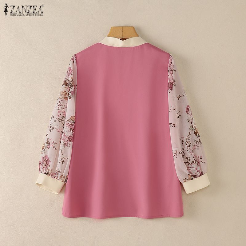 ZANZEA Women Casual V-Neck Print Splice 3/4 Sleeve Blouse