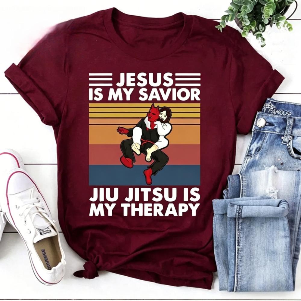 Jesus Is My Savior Jiu Jitsu Is My Therapy Funny Christian Gift Bjj Shirt Funny Jesus and Satan TShirt Vintage T-Shirt