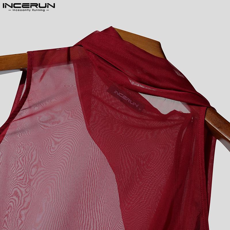INCERUN Men Tie Neck Sleeveless See Through Mesh Sheer Party Club Tank Tops
