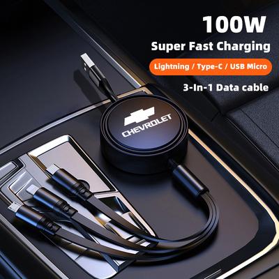 100W Fast Charger 3-in-1 Data Cable Car USB Charging Accessories For Chevrolet Spark Captiva Cruze Malibu Equinox Trax Camaro