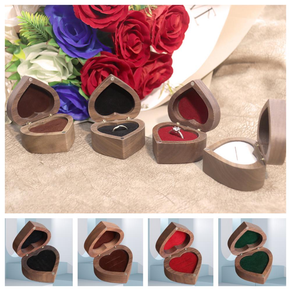 1/2 Slots Heart Rings Holder Wedding Rings Bearer Box Portable Walnut Wood Rings Box Propose