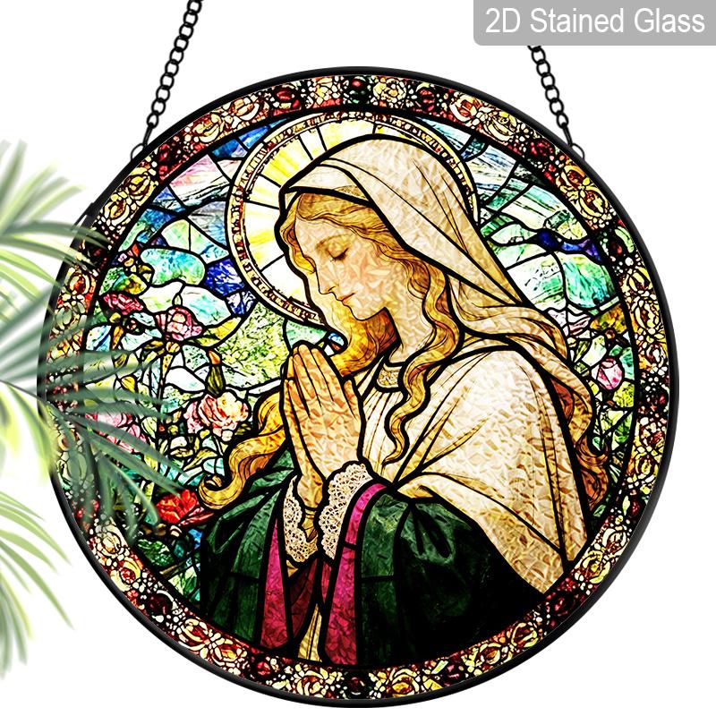 

2D Flat Stained Glass The Virgin Mary Prays Window Decoration, 7.87inches Colored Glass Plate with Chain, Charming Religious Sun Catcher Home Decor 7.87inch