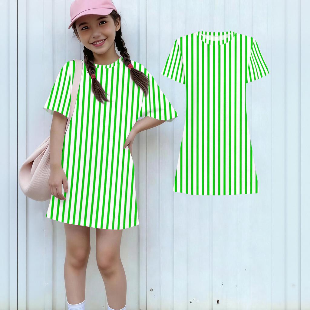 Girls Loose Fit Short Sleeve Dress Lightweight Casual Round Neck Striped Printed Dress for Kids Comfortable Summer Wear