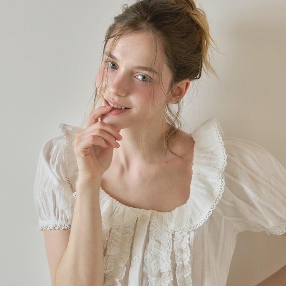 Lunaluz Women Cotton Frill Collar Short Sleeve Two Piece Pajamas