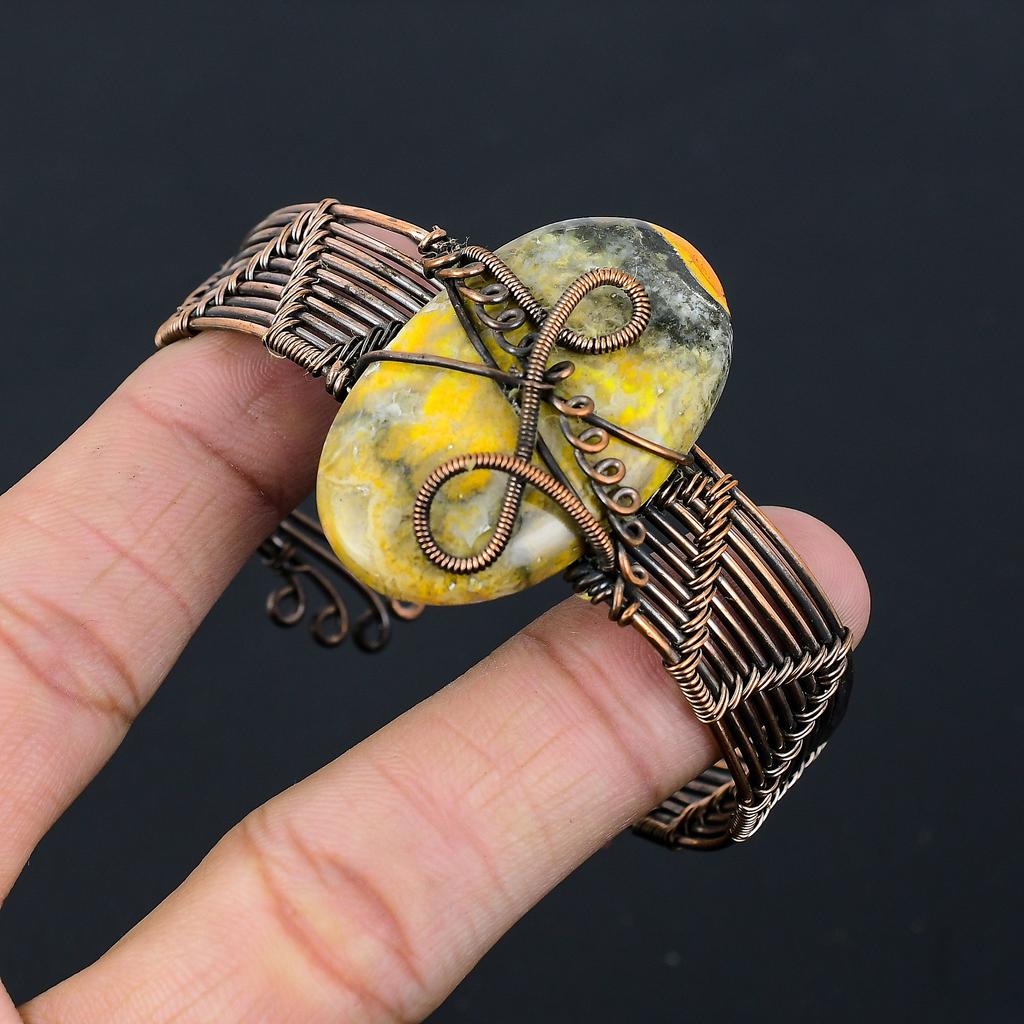 Bumble Bee Jasper Handmade Copper Wire Wrap Bangle Adjustable p7E03