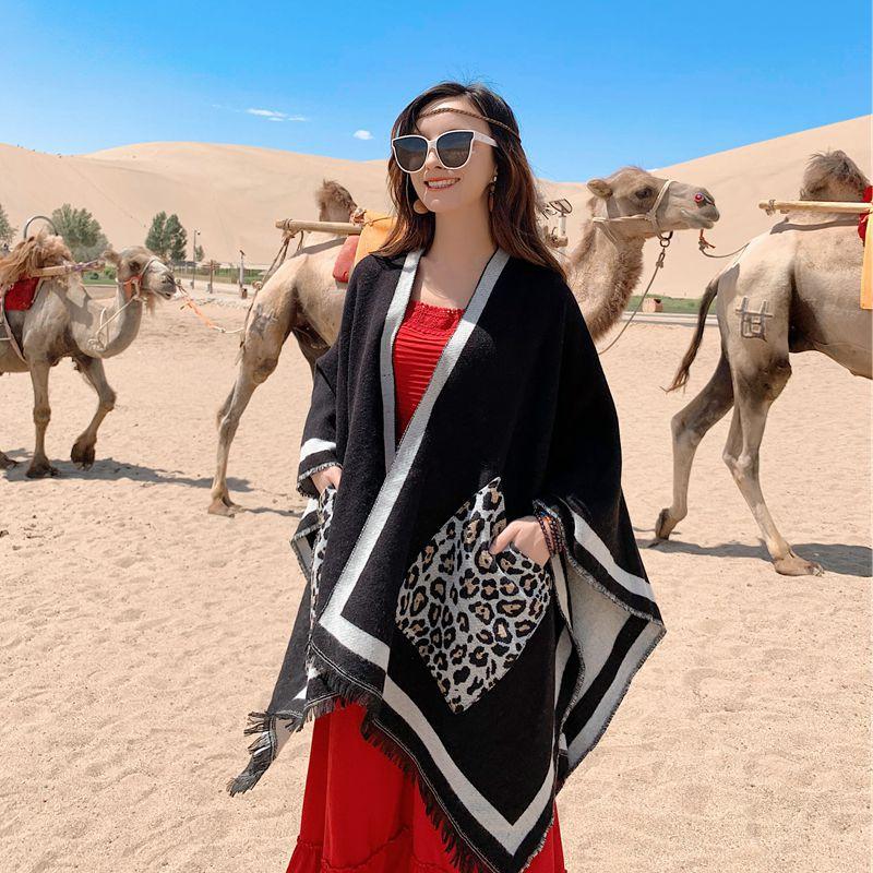 

Модный женский кашемировый шарф с леопардовым принтом и карманом, зимнее пончо-шаль, дорожное одеяло, шарфы, пашмина, эшарп, женский шарф