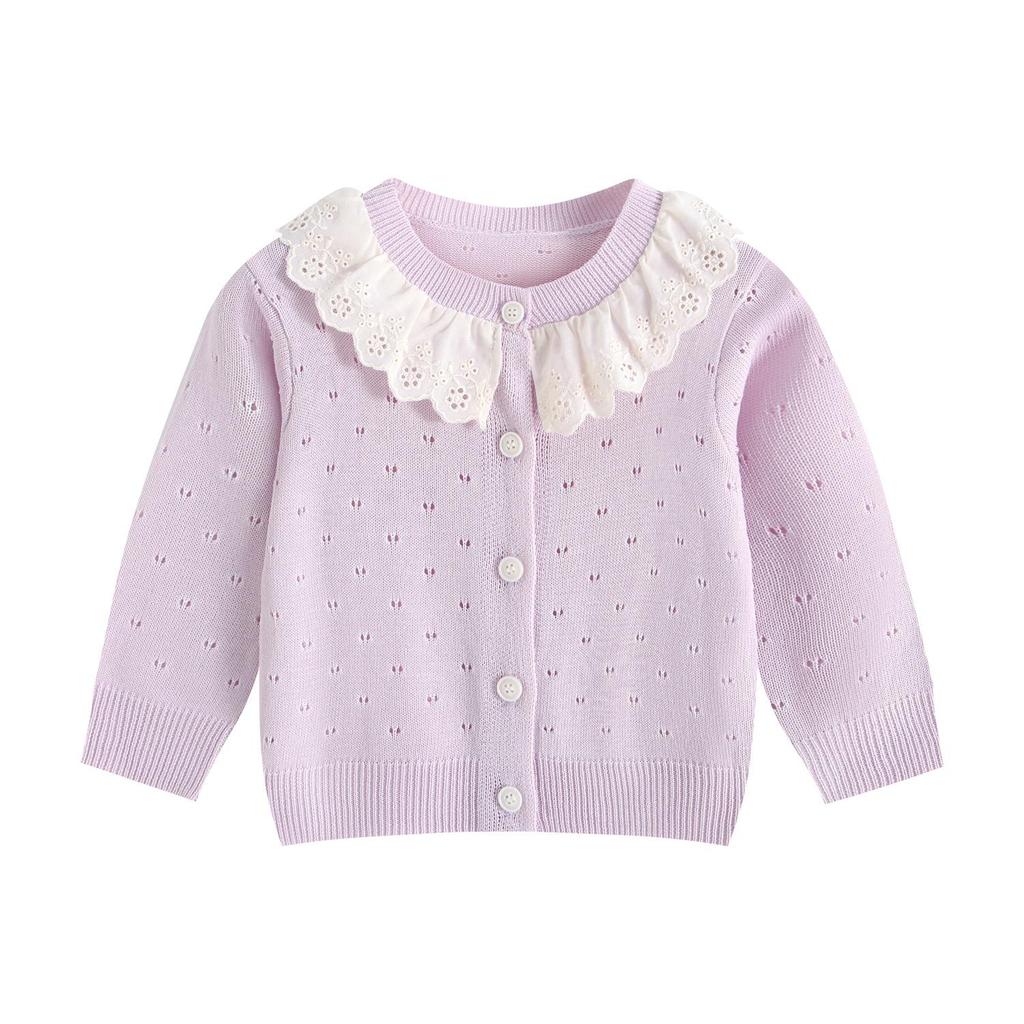 Baby Girl INS Style Hollow Knit Cardigan with Doll Collar - Spring/Autumn Long Sleeve Sweater
