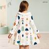 Girls Furry Trim Neck Cuffs Long Sleeve Waist Bow Printed A Line Flared Dress