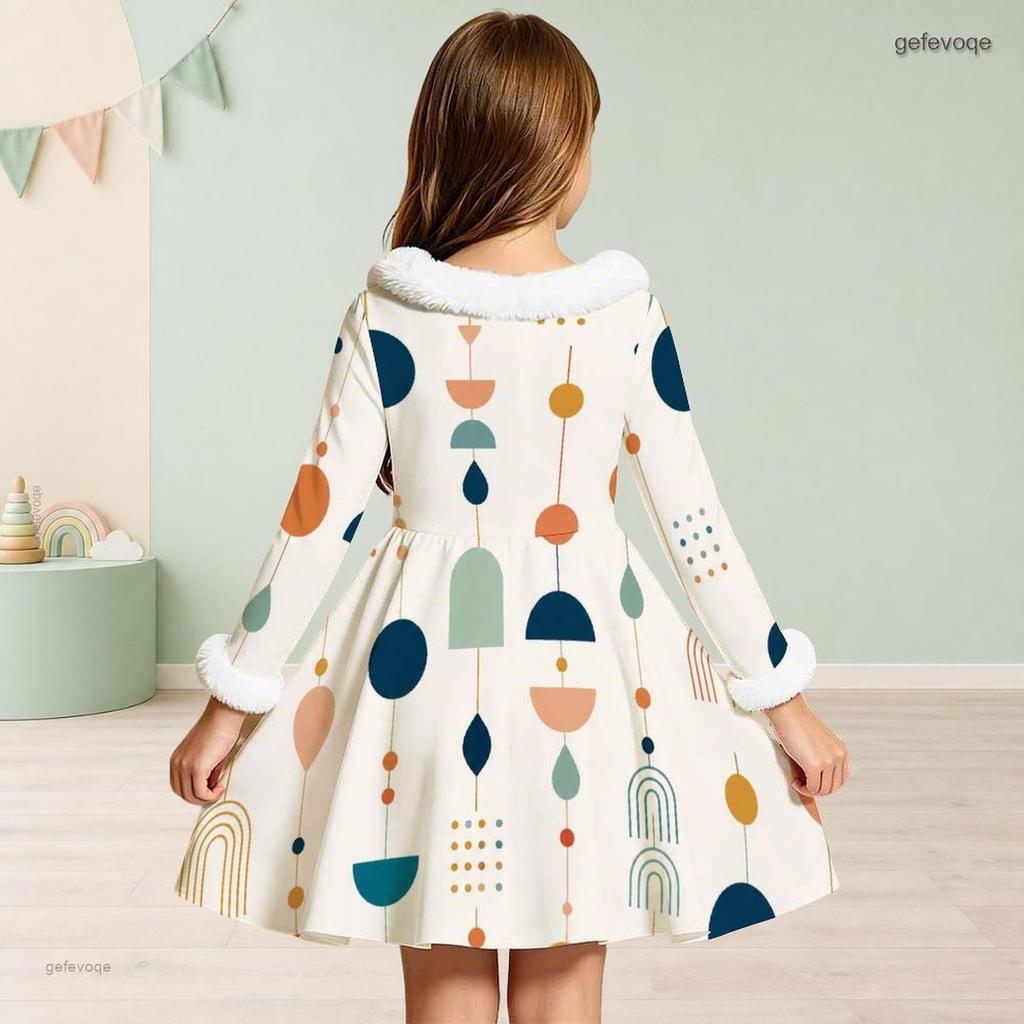 Girls Furry Trim Neck Cuffs Long Sleeve Waist Bow Printed A Line Flared Dress