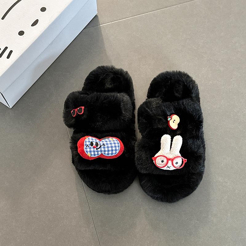 Cute cartoon fluffy slippers for women to wear autumn and winter new retro versatile cotton slippers thick-soled fluffy shoes