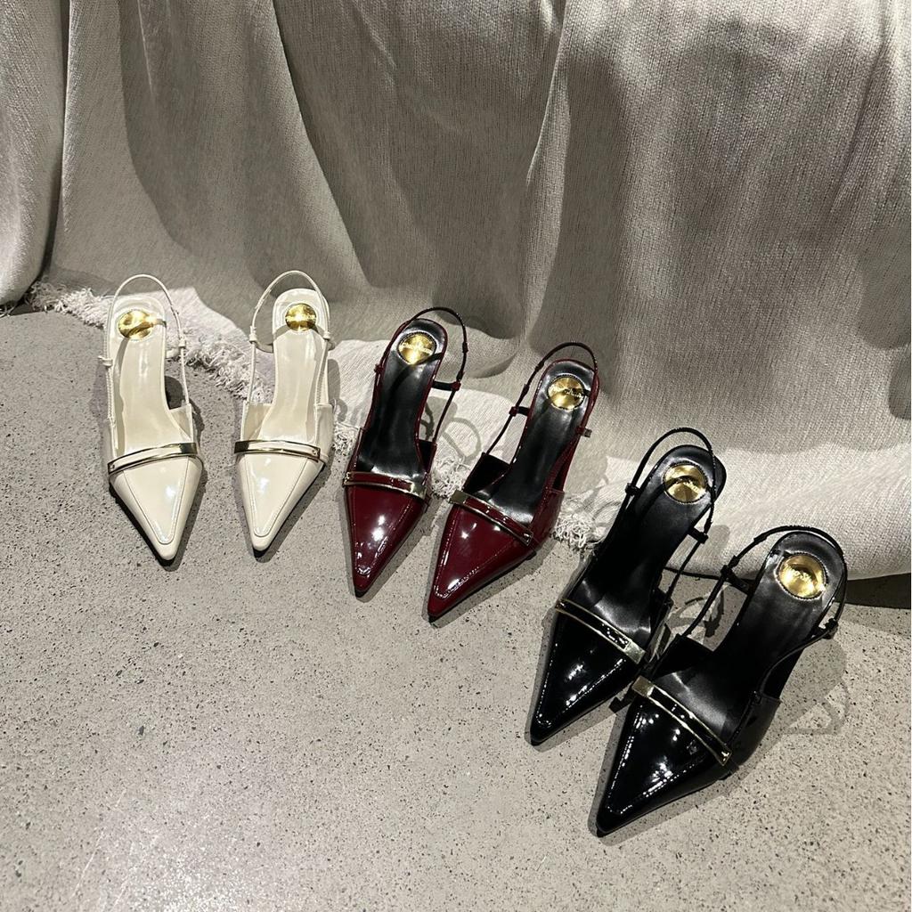 2025 spring and autumn new fashion versatile patent leather thin heel bag head sandals retro style word with pointed head after empty