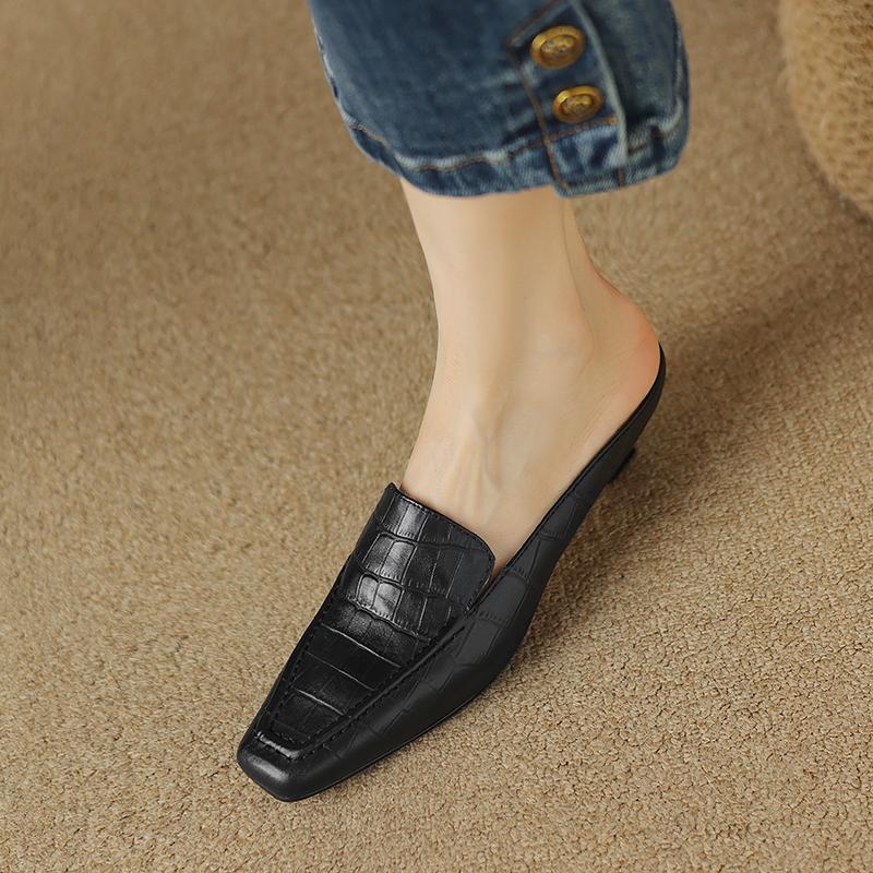 2024 New Summer Real Leather High Heels Half Slippers Women Square Toe Slip on Mules Ladies Fashion Dress Slides Shoes Female