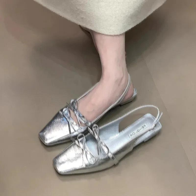 Fashion French Style Satin Surface Block Heel Sandals Butterfly Knot Pointed Toe Single Shoes Spring Summer Fairy Tale Feeling Slippers