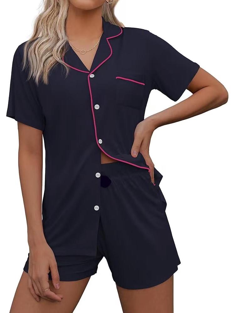 European & American Casual Lapel Women's Short Sleeve Cardigan Pajama Set with Shorts