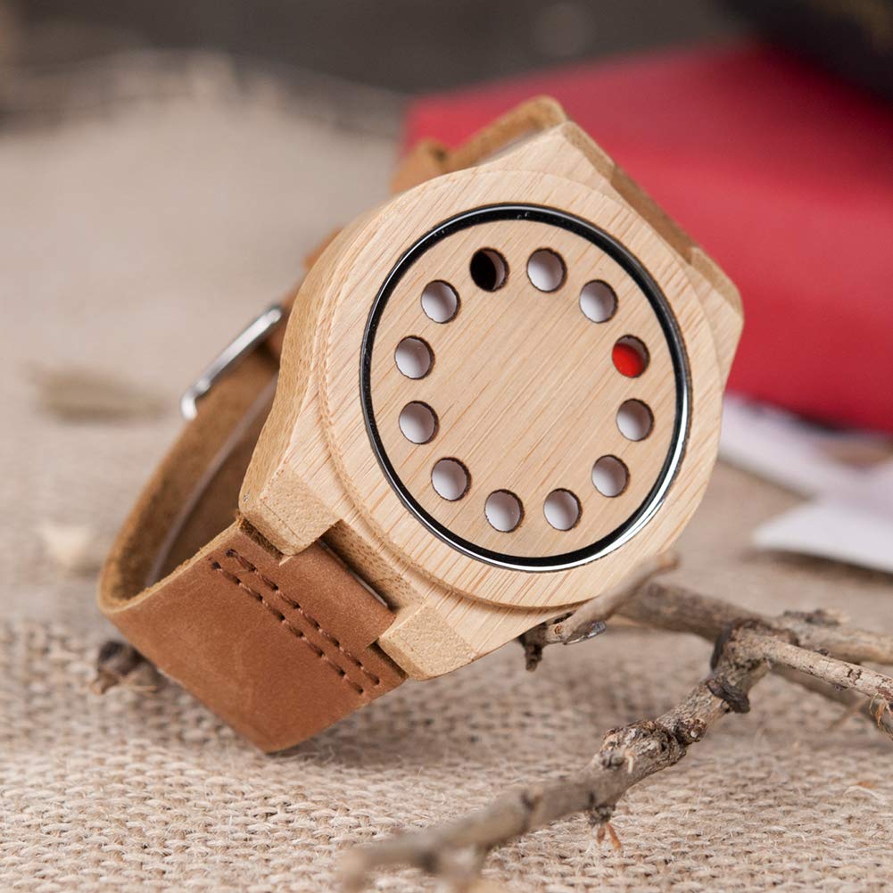 BOBO BIRD Herren Bambusuhr, Schwarzes Lederarmband, 12-Loch Timer-Design, Sportlich-Legere Uhr, Braunes Katzenauge, Klassisch