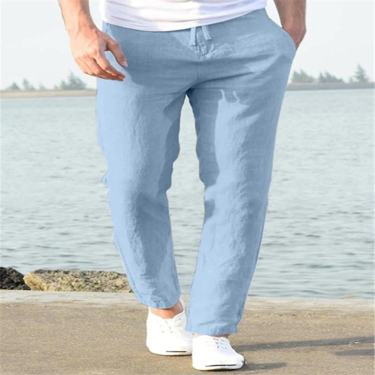 Men's linen summer casual pants drawstring elastic waist solid color breathable daily pencil small feet trousers