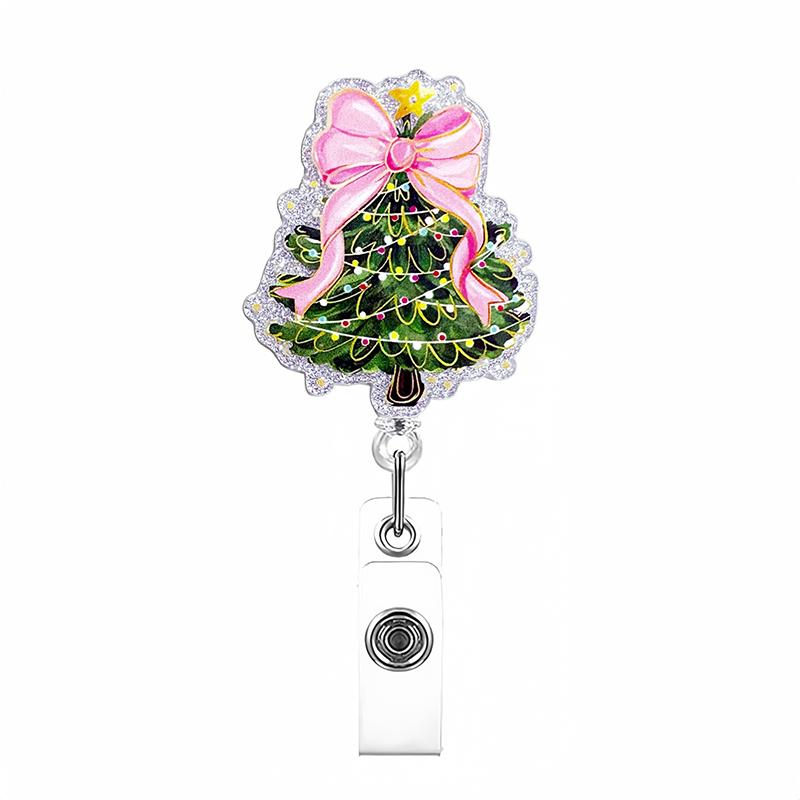 

Christmas Tree Badge Reel With Retractable Clip, Cute Bow Holiday Nurse Id Card Badge Holder, Glitter Name Tag Badge Reels