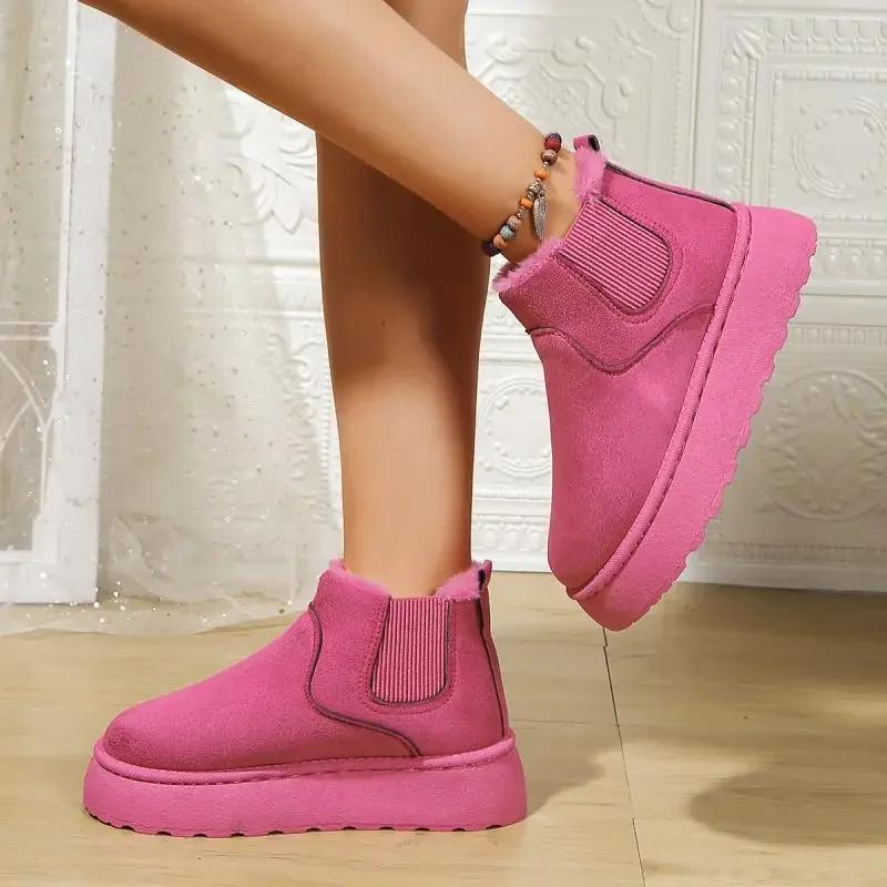 Fashion Hot Pink Thick Bottom Wedge Heel Warm Faux Fur Snow Boots Women Winter Short Plush Boots Woman Non Slip Cotton Chelsea Boots
