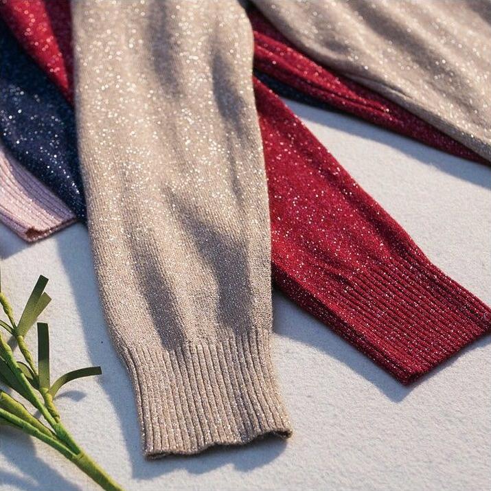Shiny and Glittering Thin Sweater for Women Loose Knitted Sweater for Autumn Round-neck Pullover Long-sleeved Top