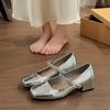 French thick heel with rhinestone single shoes women's 2025 new summer square head shallow mouth middle heel Mary Jane small leather shoes
