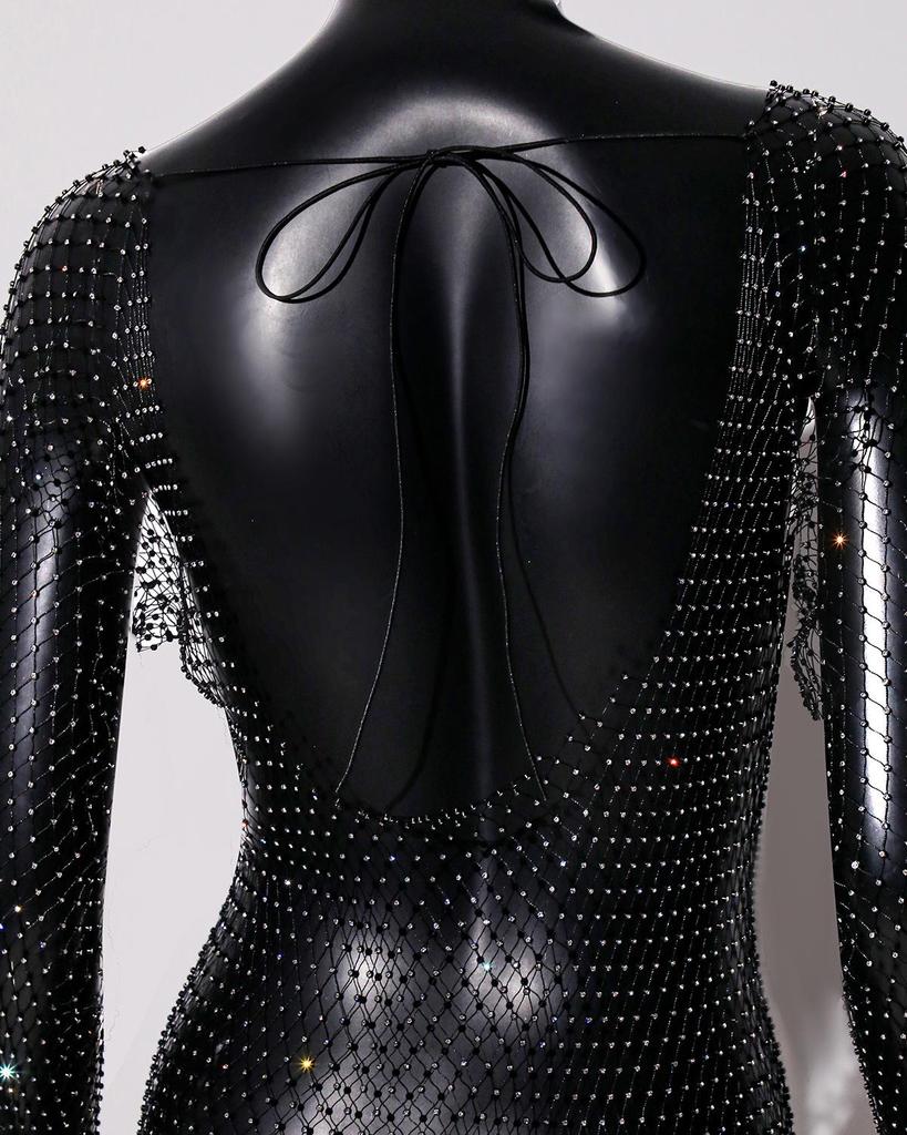 Damen Strass Fischnetz Rückenfreies Langarm Sexy Überwurfkleid