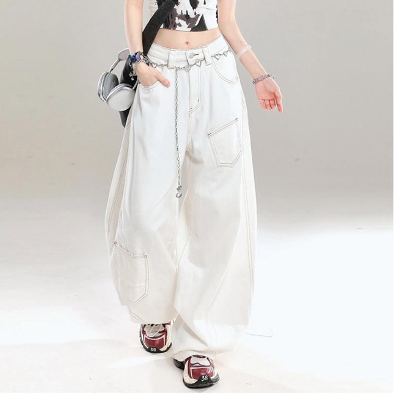 Lazy Style Design Sense Scimitar Jeans Women's Spring and Autumn Versatile Loose Pocket Wide-leg Floor Jeans