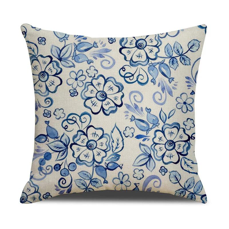 Chinese retro style blue and white ceramic printed fabric linen cotton throw pillow wrapped sofa home decoration pillow