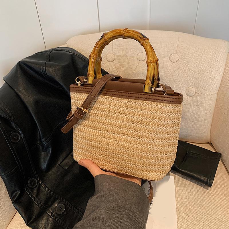 Weaving Bag Summer New Bamboo Handle Tote Straw Bag Niche Simple Shoulder Crossbody Bucket Bag Women's Bag AVE