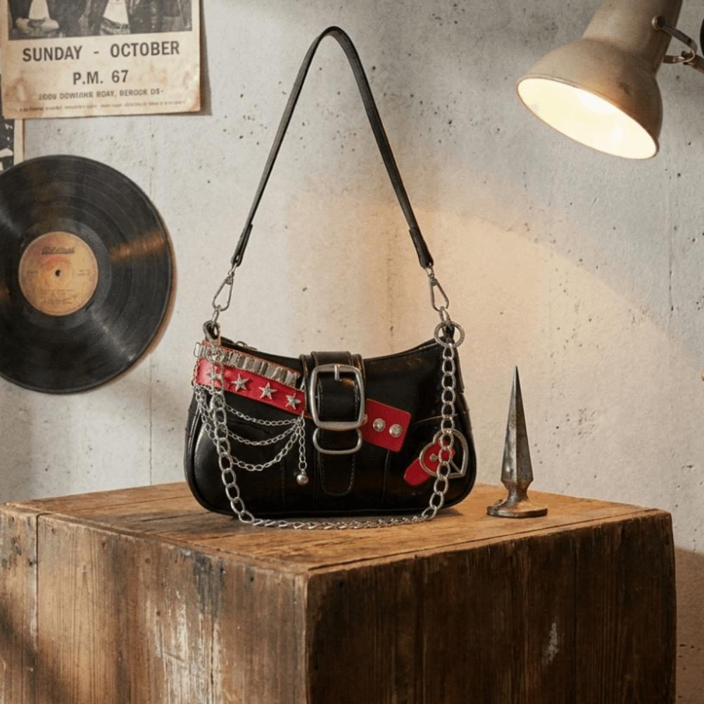 Punk Shoulder Bag Black Red Decor French Stick Handbag Fashion Star Rivet Underarm Bag  Daily