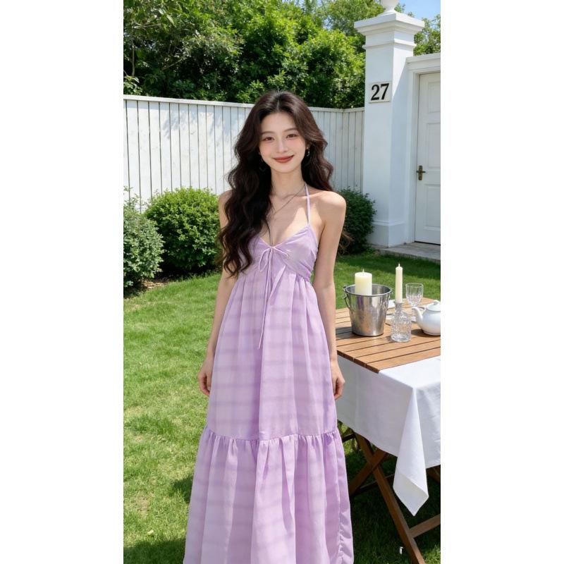 Holiday wind beach skirt backless lavender chiffon swinging air dress photo