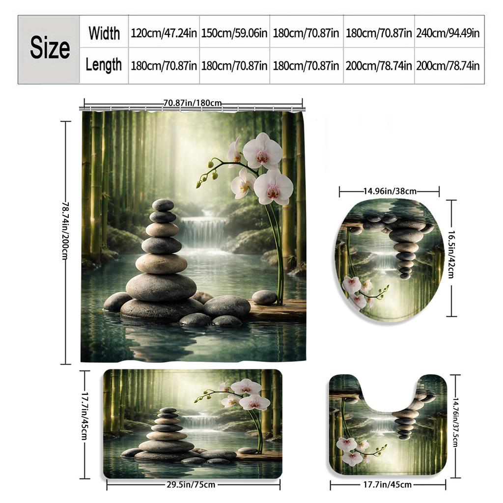 4Pcs 2D Flat Zen and Orchid Shower Curtain Set with Non-Slip Bath Mat, Toilet Lid Cover, Contour Rug & 12 Hooks, Bathroom Decor