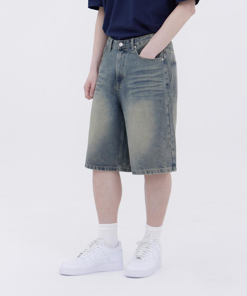 Akeusi Vintage Gewaschene Street Oversized Knielange Jeanshose Unisex (blau)