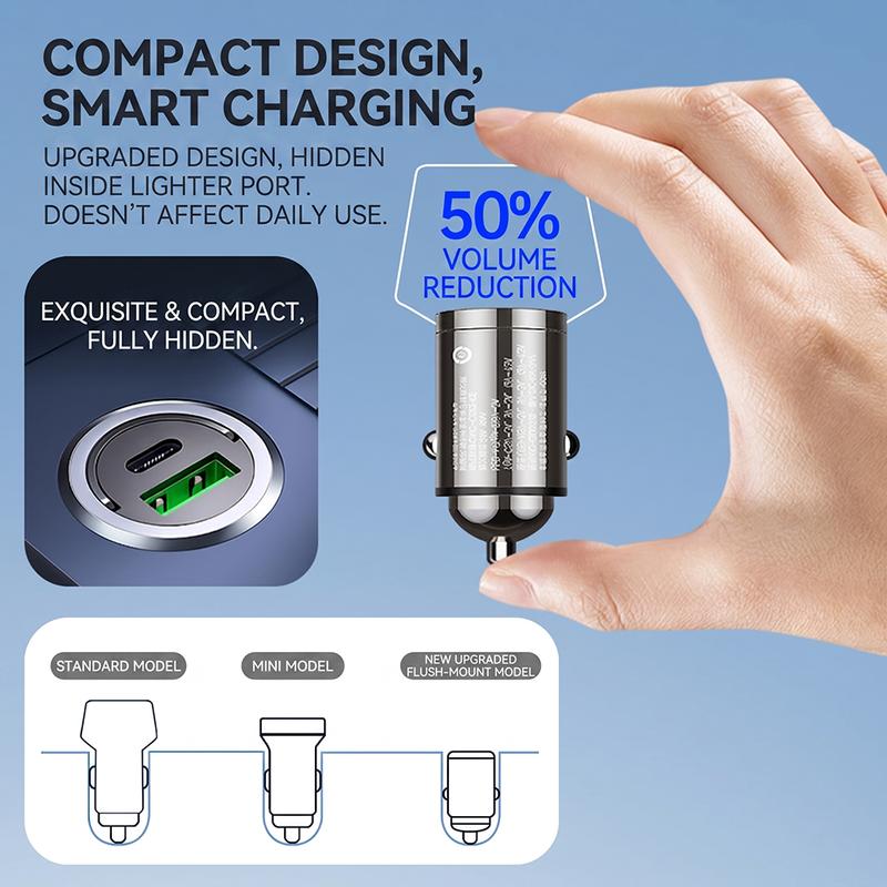 100W High Power Mini Car Charger Invisible Flush Fit Auto Adapter Dual Port Type C PD QC Fast Charging Metal Pull Ring 12/24V