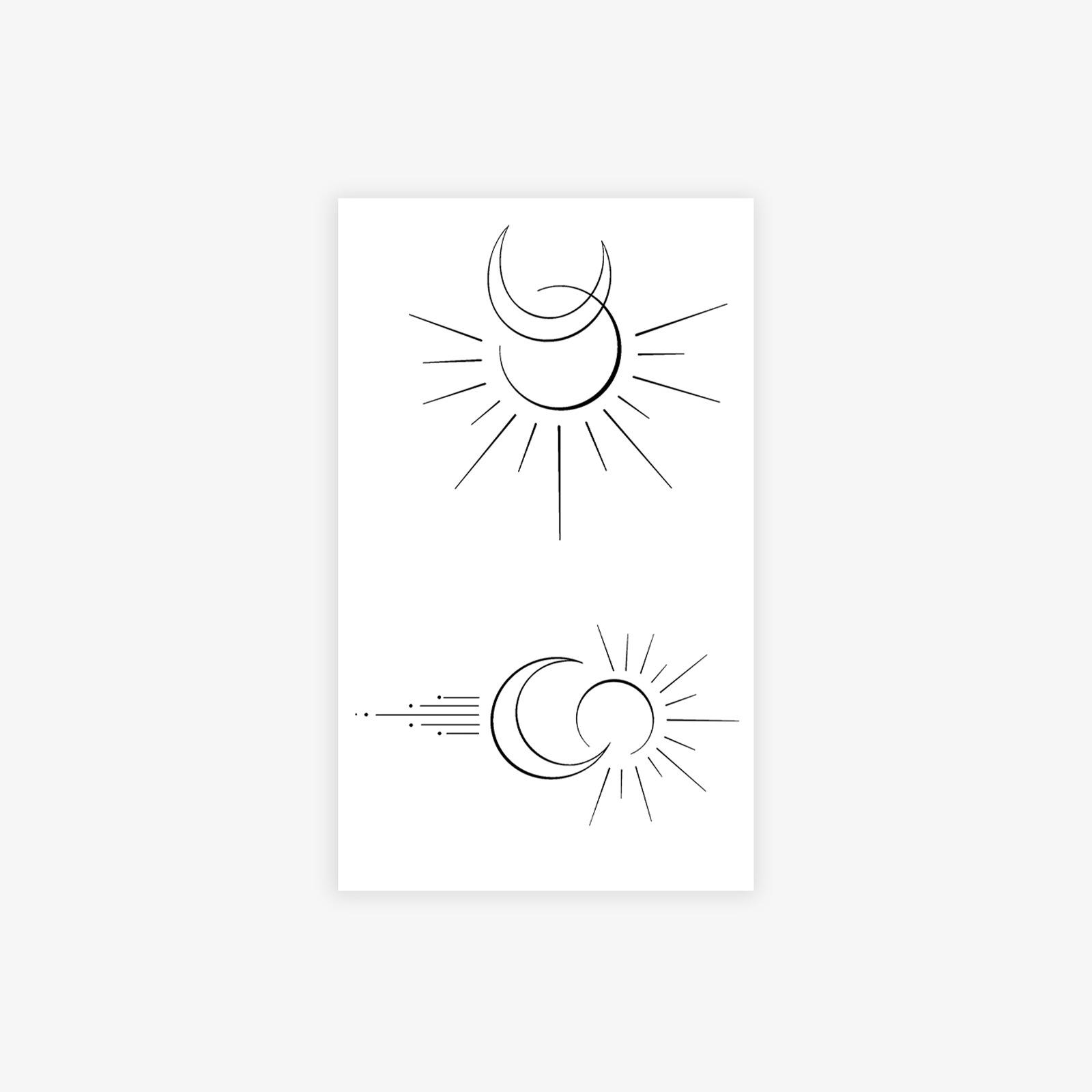 

Symmetrical Sun And Moon Tattoo Stickers With Black And Gray Thin Lines Long-Lasting Waterproof High-End Love Couple Stickers 11*18