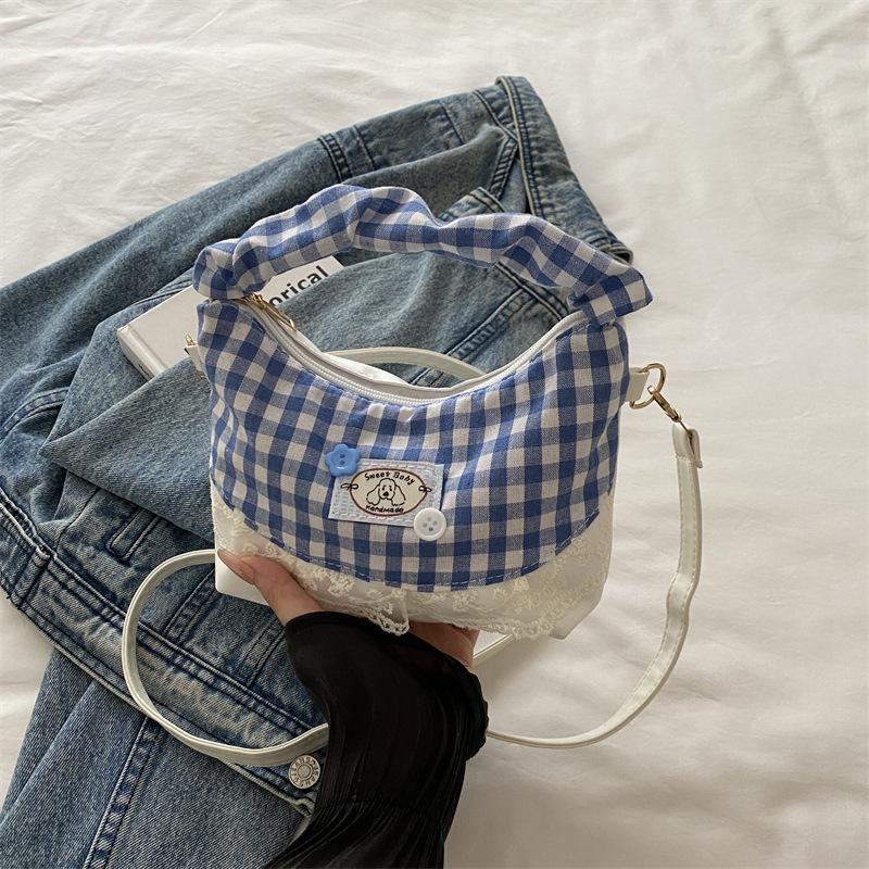 French Floral Lace Cloud Bag Hand Bag New Summer Fresh Plaid Splicing Chain Messenger Bag Single Shoulder