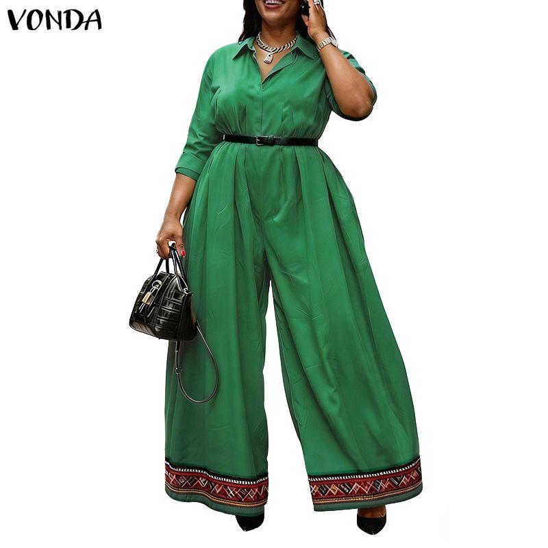 VONDA Damen Lapel Kragen 3/4 Ärmel Lässig Elegant Lang Weiter Bein Jumpsuit Rompers Für Große