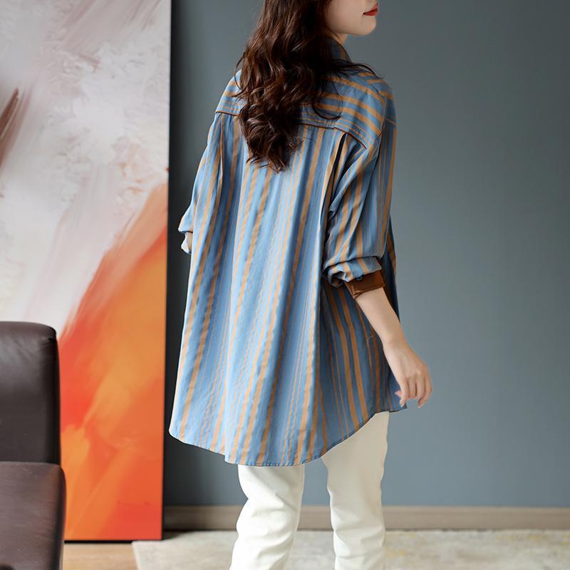 Spring Autumn Vintage Striped Print Loose Casual Cotton Shirt Ladies Long Sleeve Elegant All-match Blouse Femme Cardigans Tops