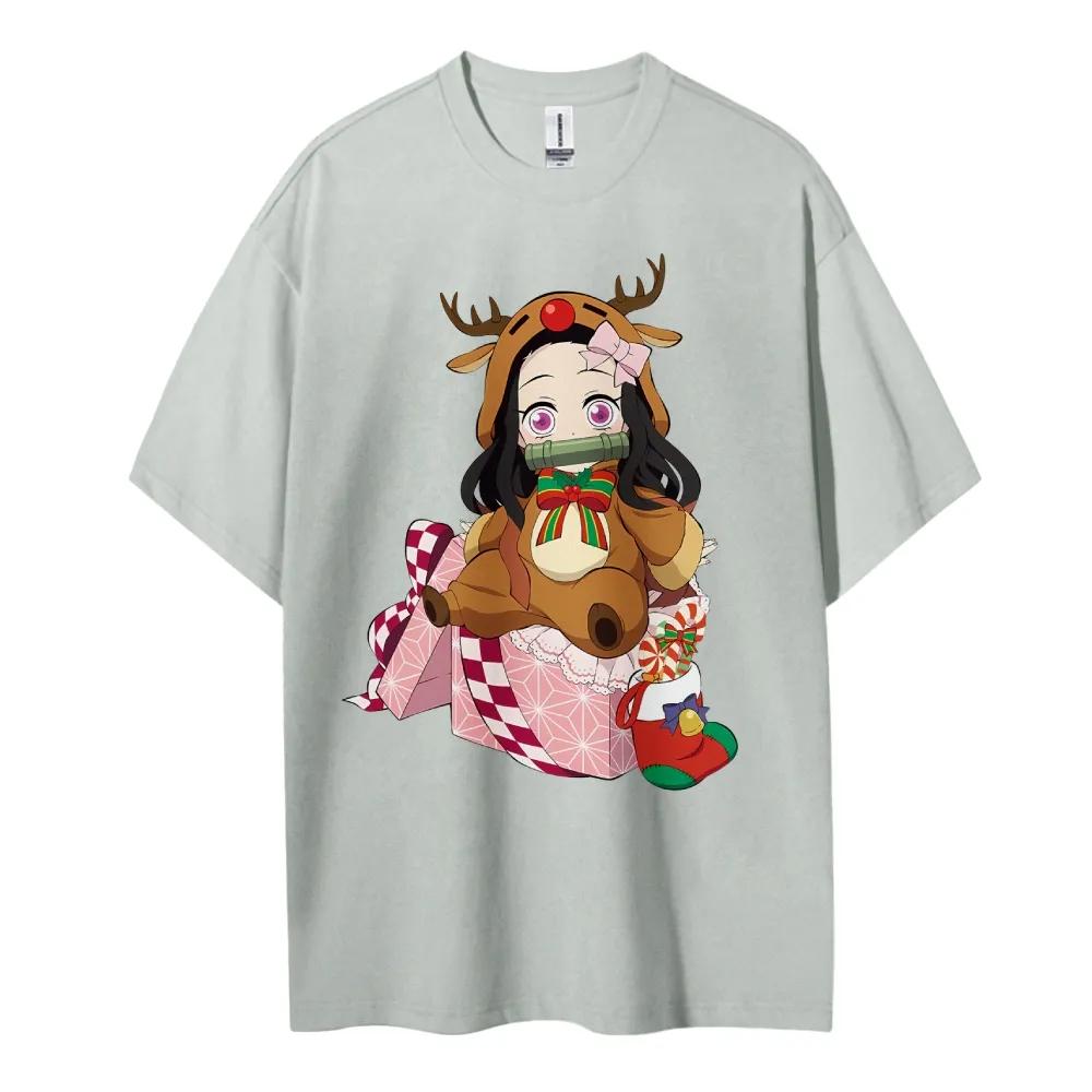 

Demon Slayer 2026 New Hot Nezuko Christmas Deer Costume pure Cotton T Shirt Summer Graphic Tee Cute Festive Design for Fans S