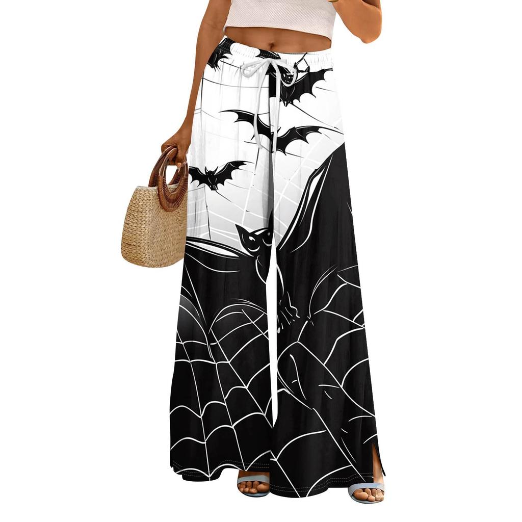 Women's Printed Wide Leg Pants With Pockets High Waist Drawstring Loose Casual Pants