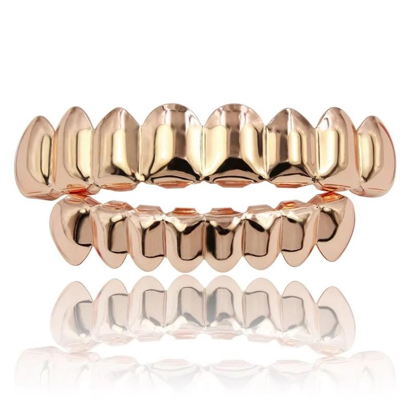 1/2 Pcs Glossy Finish Eco Friendly Copper Top Bottom Teeth Grillz Set Anti Slip Silver Gold Teeth Jewelry Cosplay