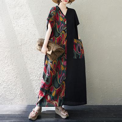 DIMANAF 2025 Summer Plus Size Dress Women V-Neck Vintage Shirt Dress Loose Basic Printing Dress