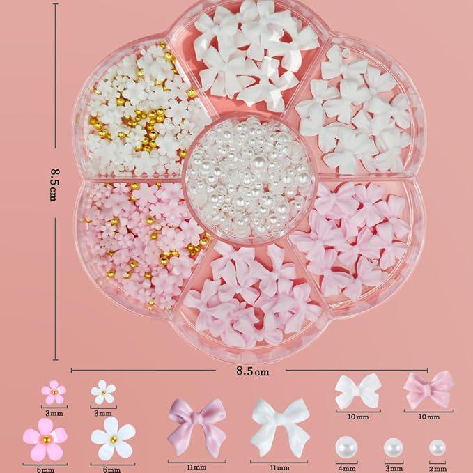 Plum Blossom 7-Compartment Nail Art Decoration Box with Pearl Bow - Simple, Sweet Solid Color DIY Accessories