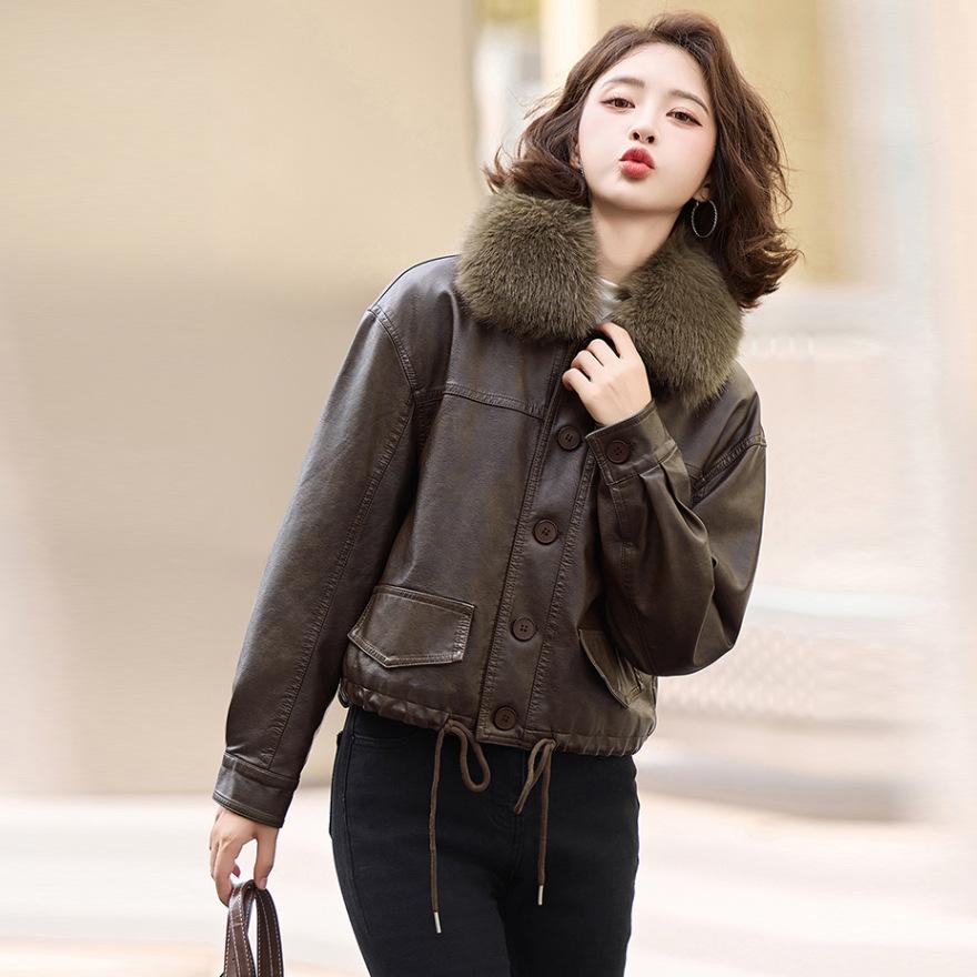 Fur integrated leather jacket women's autumn and winter autumn and winter new velvet leather jacket jacket