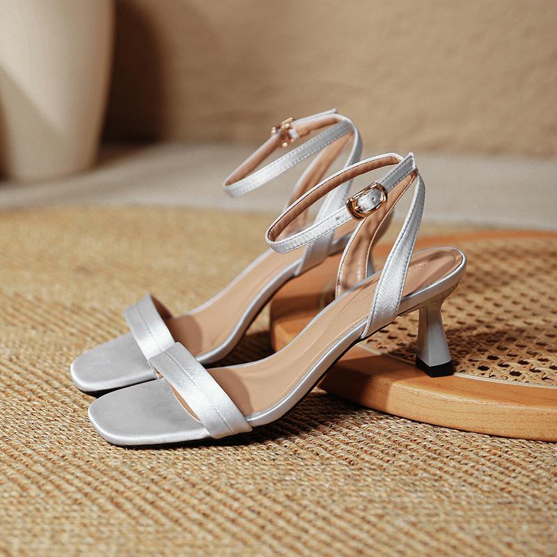 2025 new summer high-heeled sandals with open-toed sexy fairy style pink square head high heels female stiletto