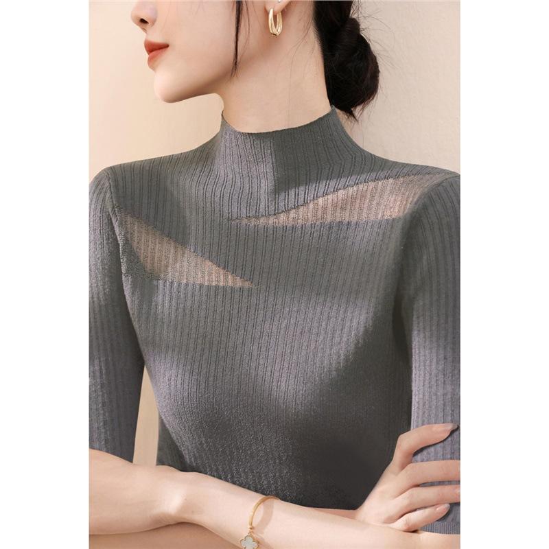Women Half‑High Neck Lace Knit Top Summer Tencel Mesh Hollow 5/4 Sleeve Slim Ice Silk Blouse S‑3XL
