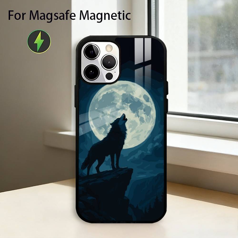 Mond Heulender W-Wolf Handyhülle Für iPhone17,16,15,14,13,12,11 Plus,Pro Magnetisch Für Magsafe Kabelloses Laden