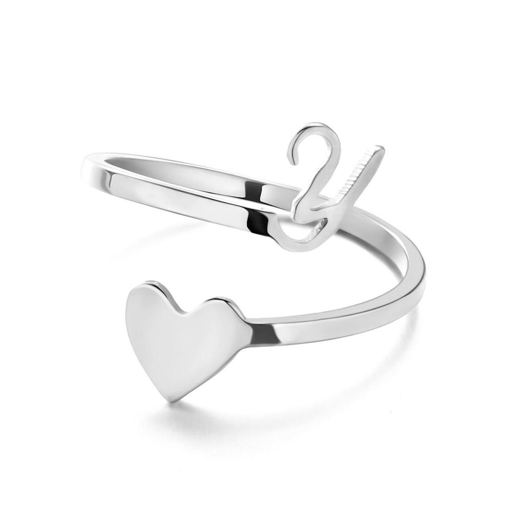 Stainless Steel Heart-Shaped Initial Ring for Women - Fashionable, Adjustable, In Stock