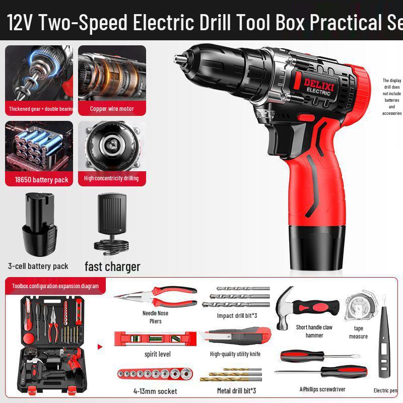 Delixi Multifunctional Lithium Battery Drill Set for Electrician & Woodworking Maintenance